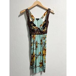 Y2K Vintage Sky Mini Dress XS Teal Boho Western Festival Leather Brown 2000s